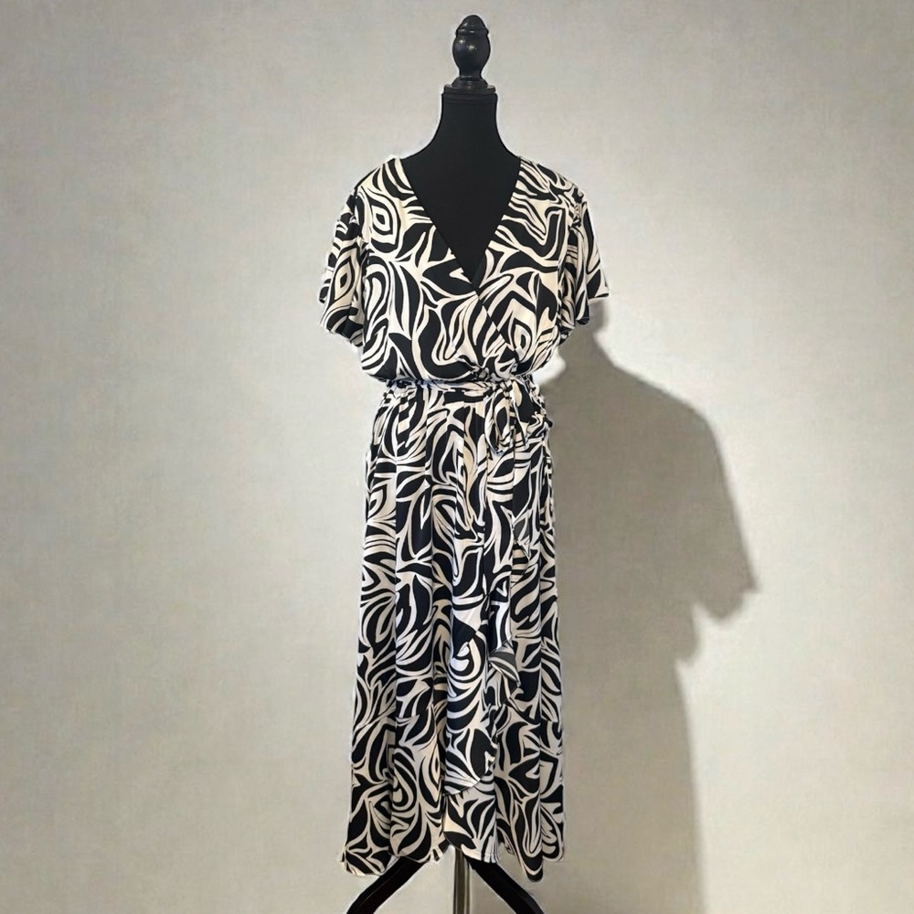 Nicole Miller Black and White Abstract Faux Wrap Dress